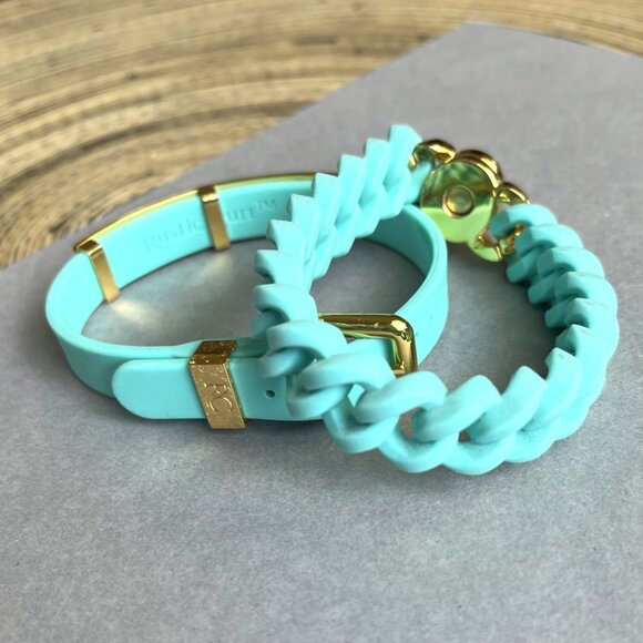 Rustic Cuff Double Silicone Stretch Bracelet Set Turquoise and Gold Stainless - Picture 3 of 3